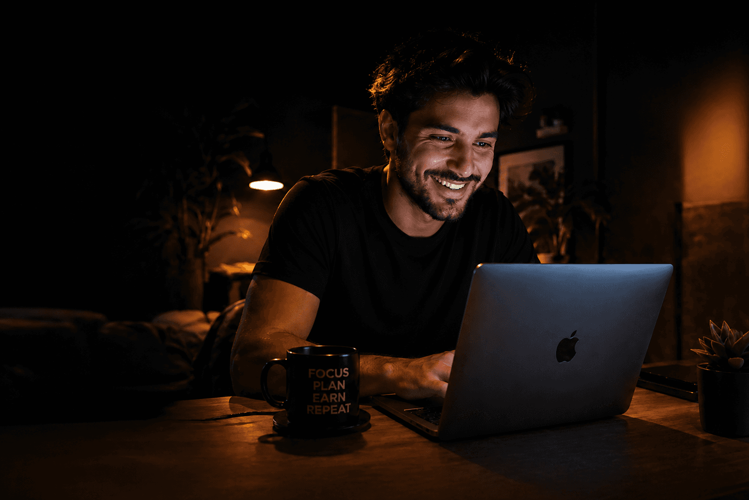 Focused digital worker building online income from a laptop